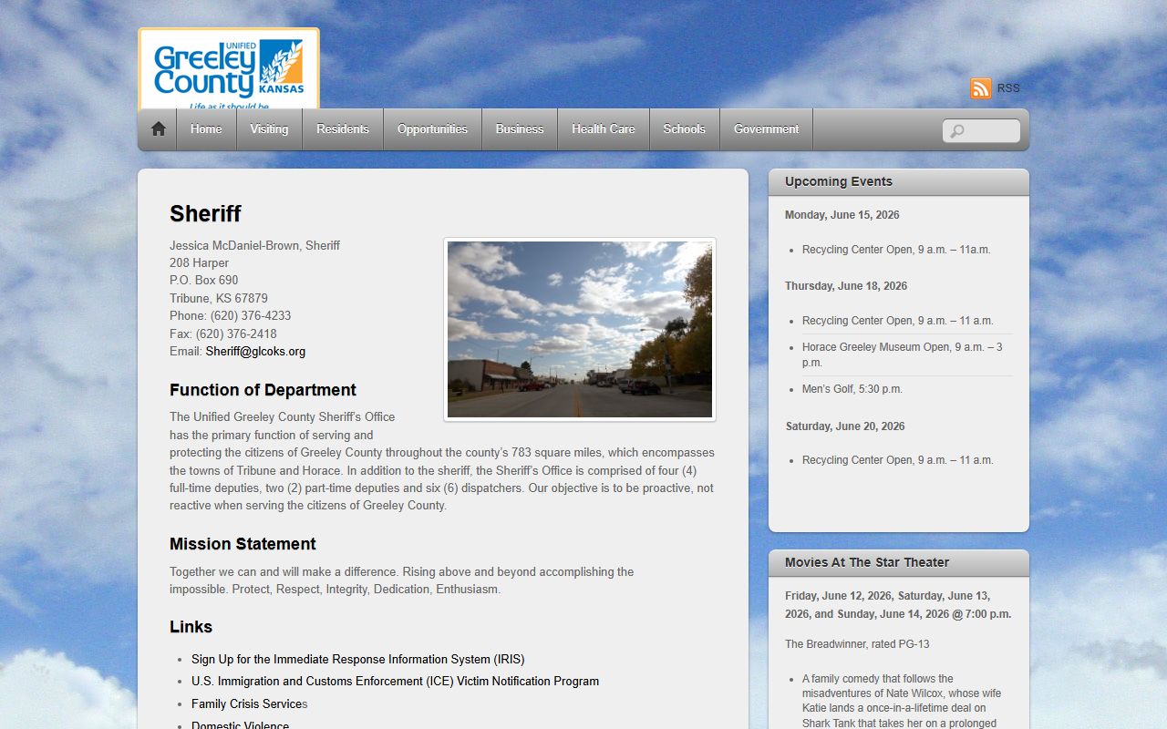 Greeley County sheriff page for inmate population contact information