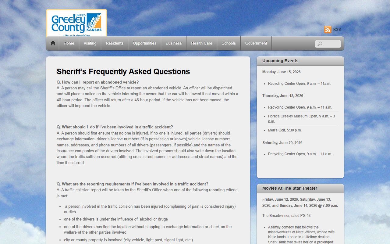 Greeley County sheriff FAQ for custody phone and jail population questions